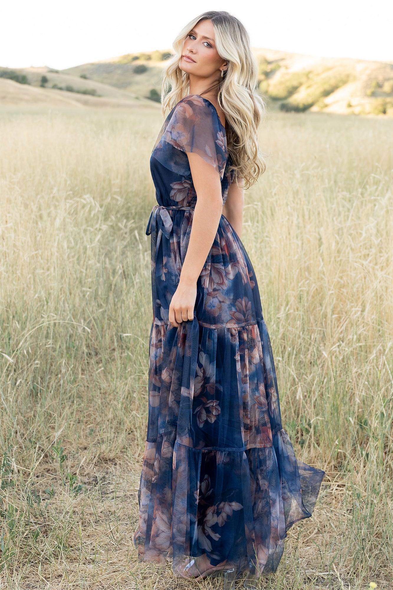 Nicola Tulle Maxi Dress | Dark Blue Floral