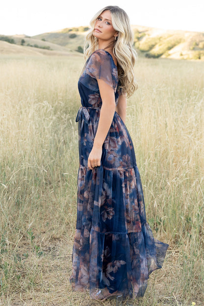Nicola Tulle Maxi Dress | Dark Blue Floral