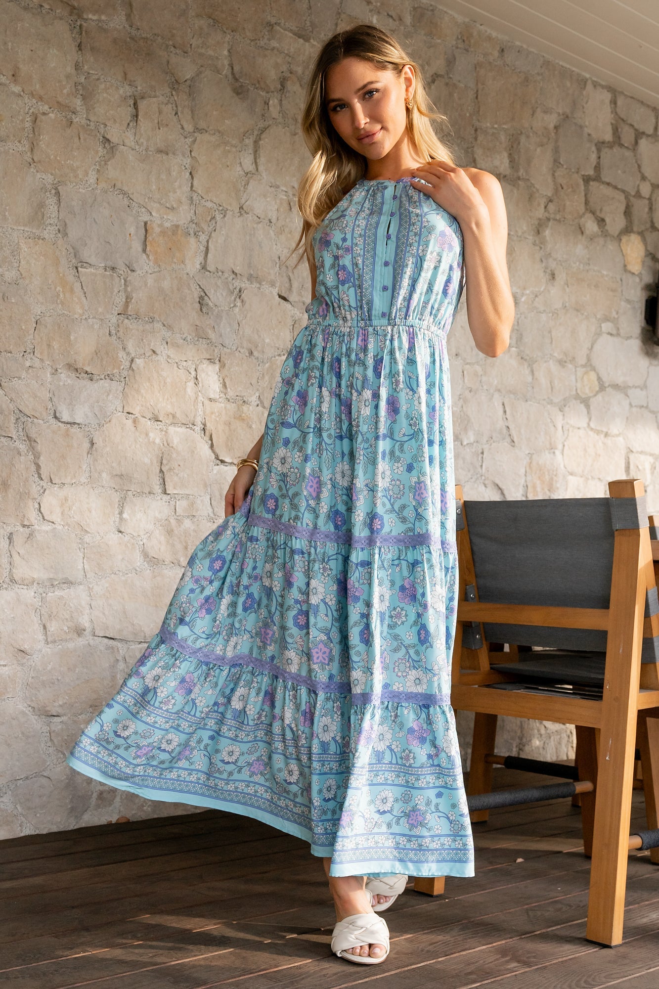 Meline Button Front Maxi Dress | Light Blue Multi