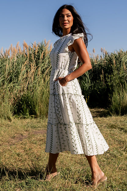 Frida Embroidered Midi Dress | White + Green Print