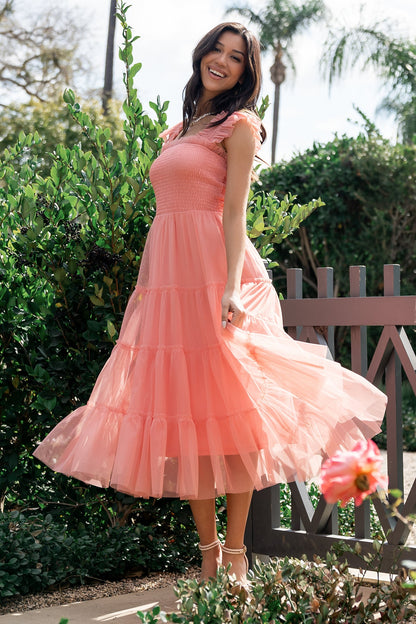 Emma Smocked Tulle Dress | Coral