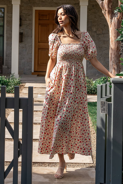 Haddie Smocked Midi Dress | Cream + Rose Floral