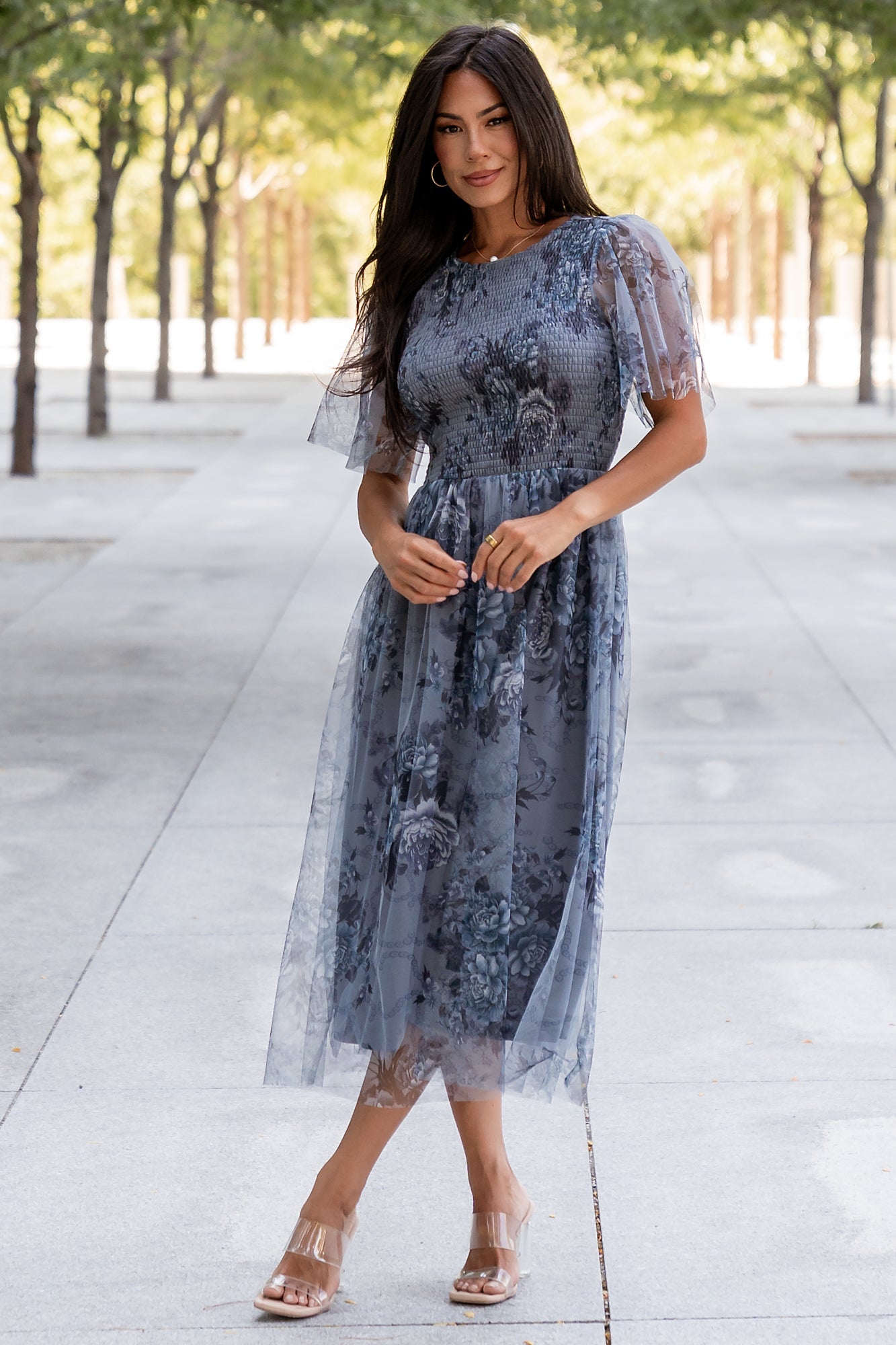 Josie Tulle Midi Dress | Dusty Blue Floral