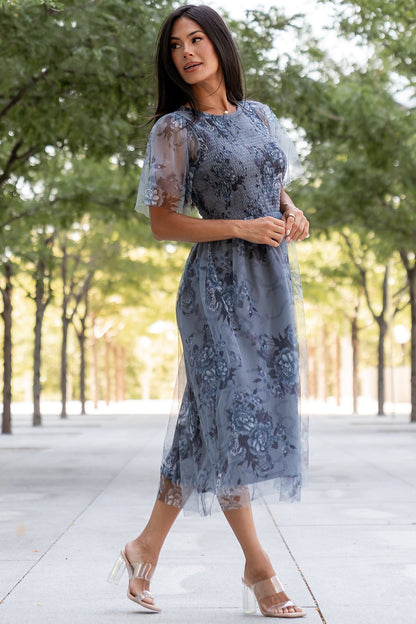 Josie Tulle Midi Dress | Dusty Blue Floral
