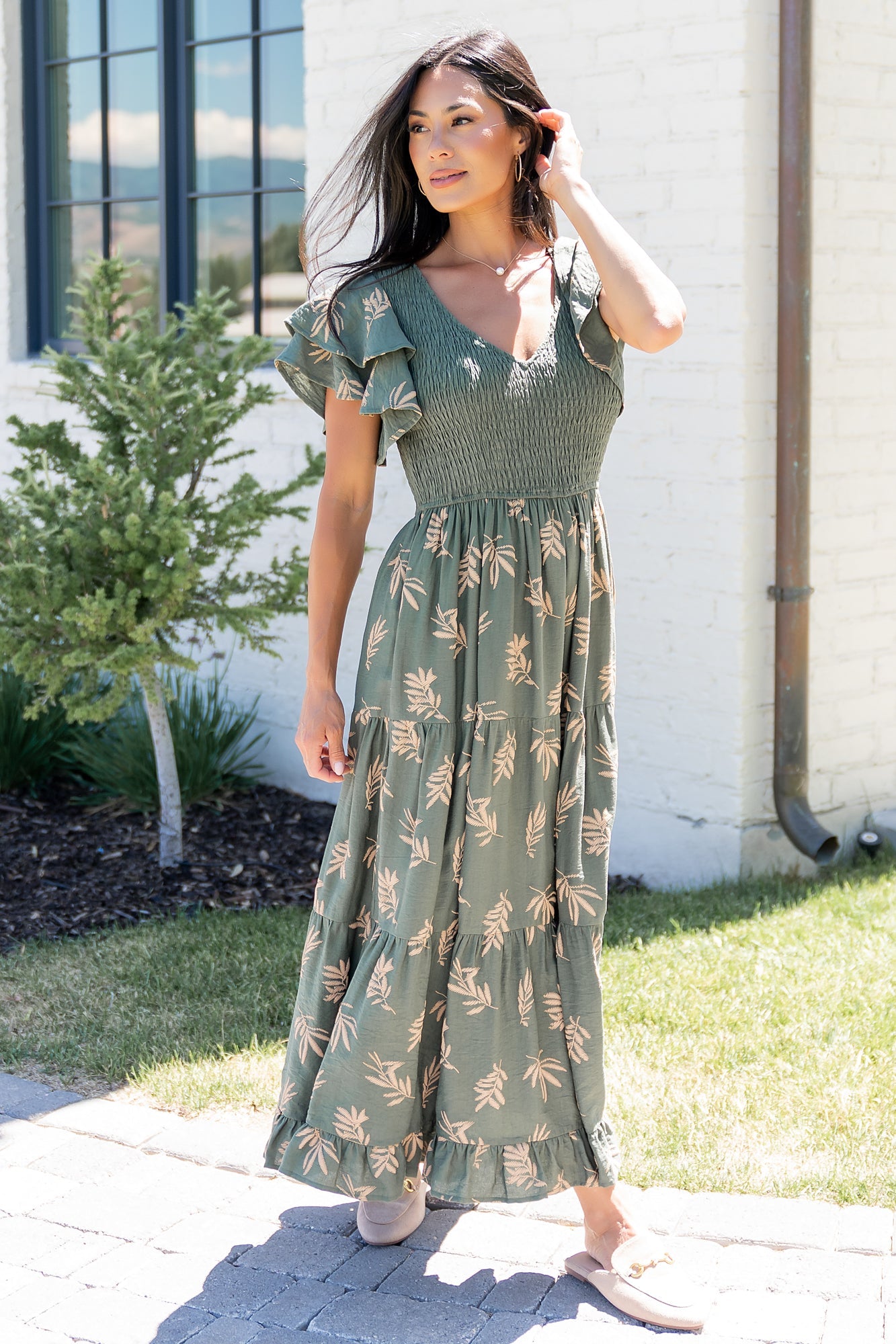 Estelle Smocked Midi Dress | Green + Tan Print