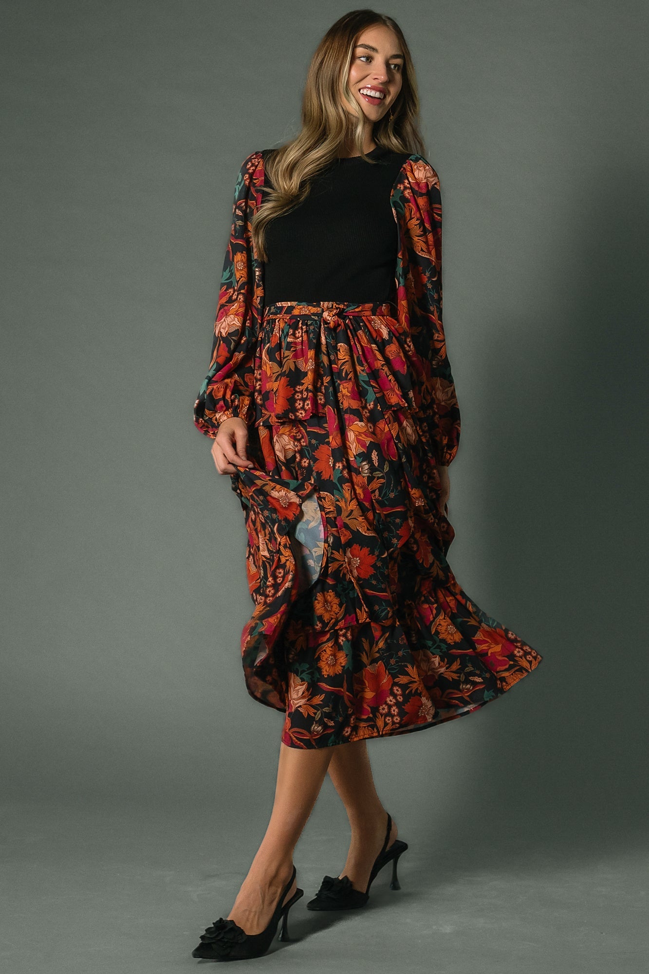 Sylvie Tiered Midi Dress | Black Multi