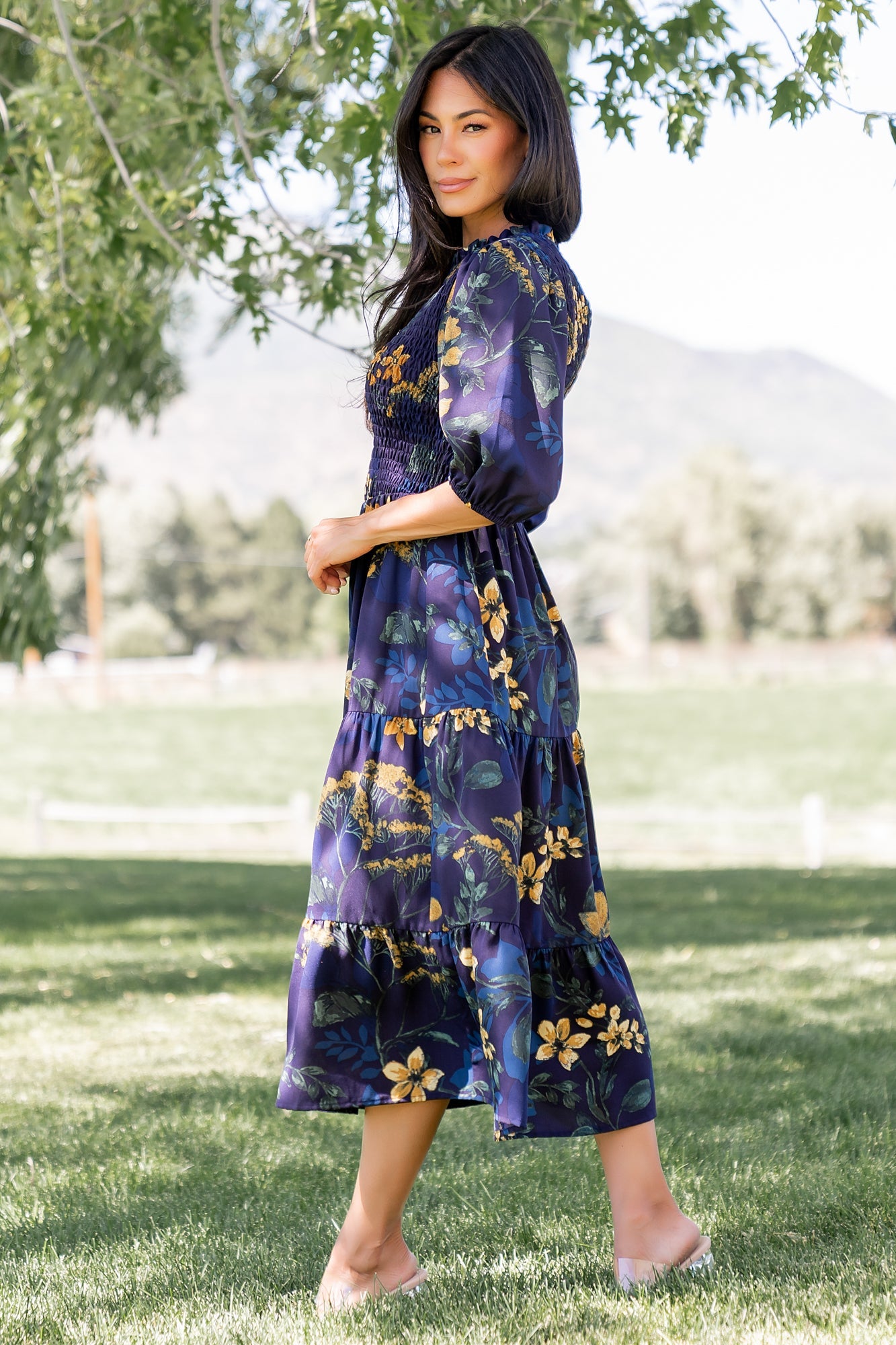 Lena Tiered Midi Dress | Navy + Gold Floral