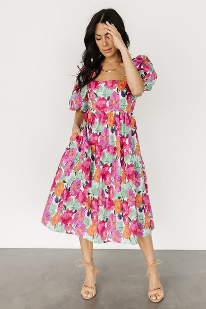 Aimee Puff Sleeve Midi Dress | Pink Multi