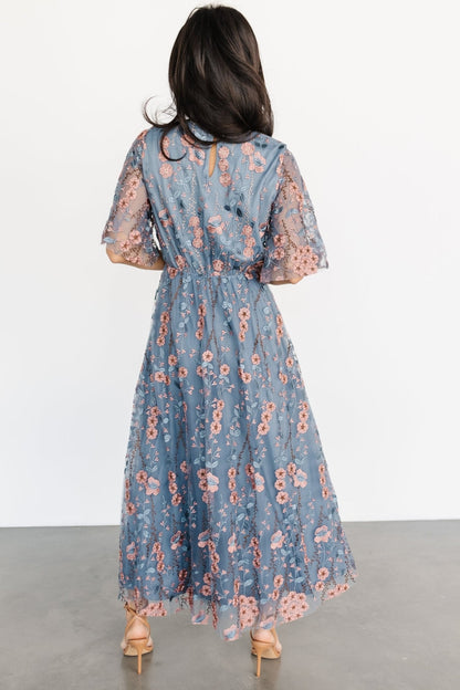 Arabella Embroidered Tulle Maxi Dress | Blue + Pink