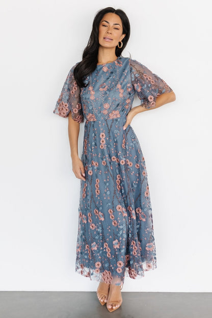 Arabella Embroidered Tulle Maxi Dress | Blue + Pink