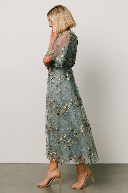 Arabella Embroidered Tulle Maxi Dress | Dusty Blue Floral