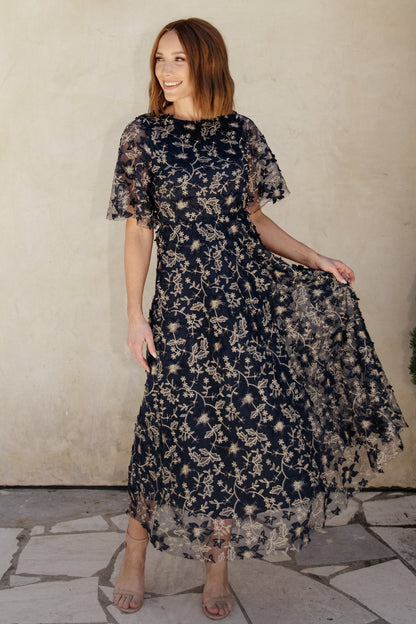 Arabella Embroidered Tulle Maxi Dress | Navy + Gold