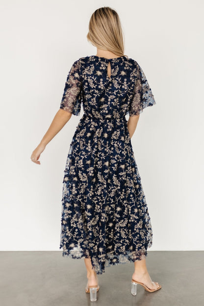 Arabella Embroidered Tulle Maxi Dress | Navy + Gold