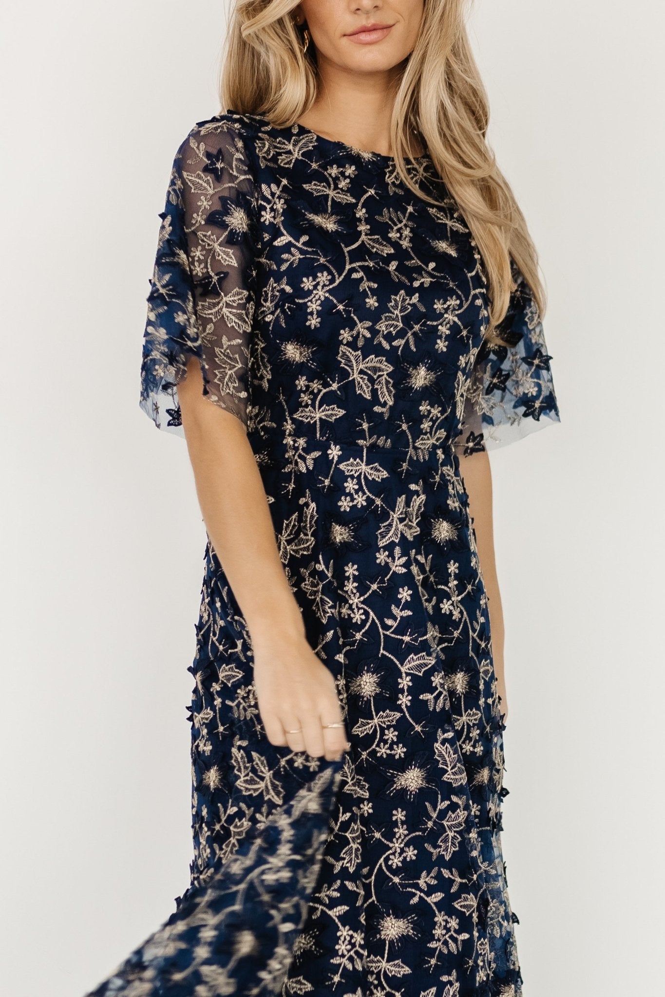 Arabella Embroidered Tulle Maxi Dress | Navy + Gold