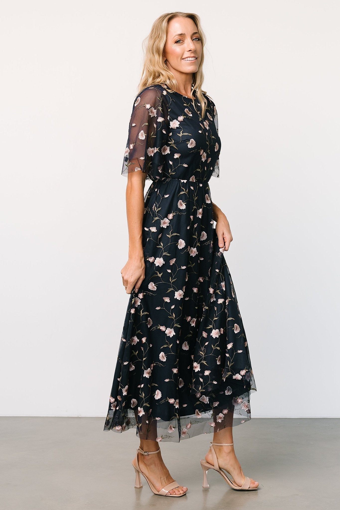 Arabella Embroidered Tulle Maxi Dress | Pink + Navy