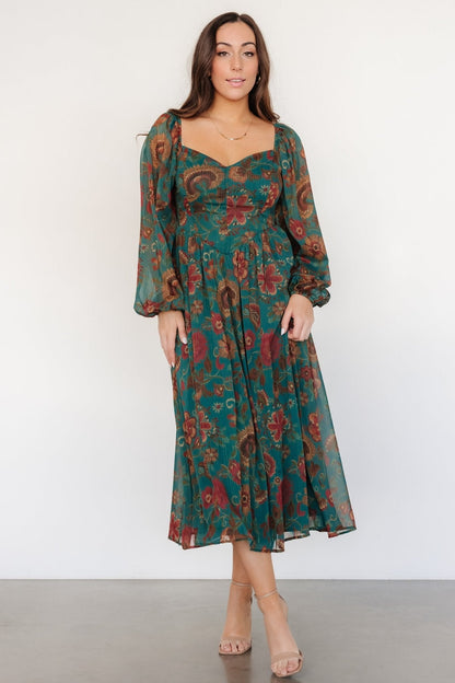 Babette Basque Waist Dress | Teal Multi Floral