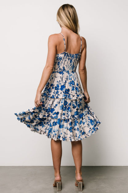 Calina Midi Dress | Ivory + Blue Floral