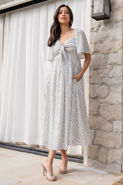 Carah Tie Dress | Off White + Blue Floral
