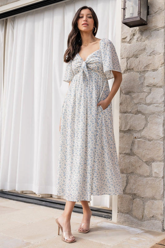 Carah Tie Dress | Off White + Blue Floral