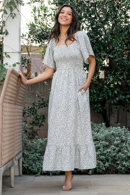 Cassis Smocked Midi Dress | Ivory + Black Floral