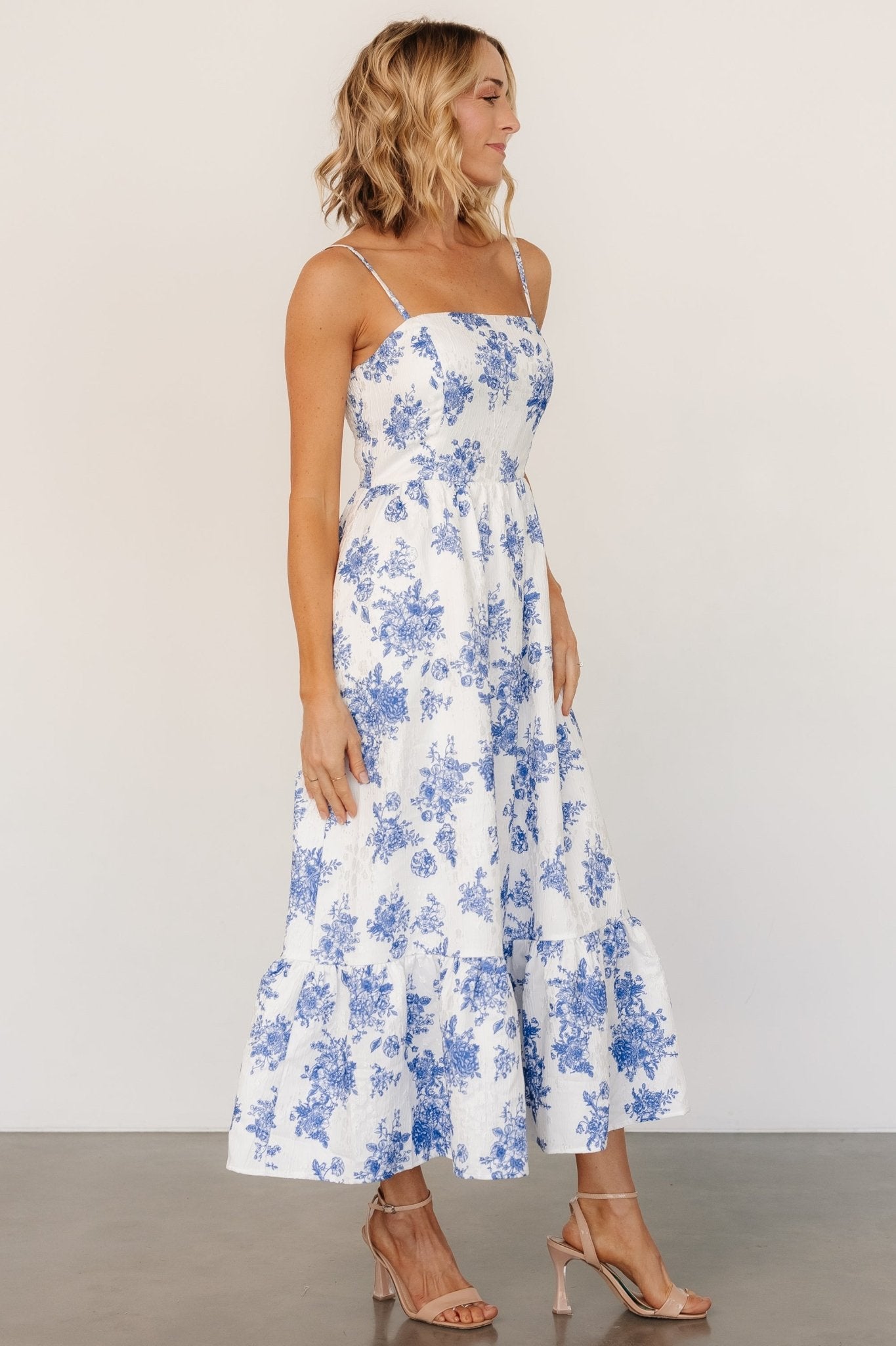 Cherie Jacquard Dress | Off White + Blue Floral