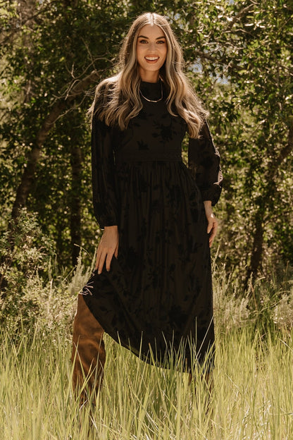 Christine Velvet Embossed Midi Dress | Black