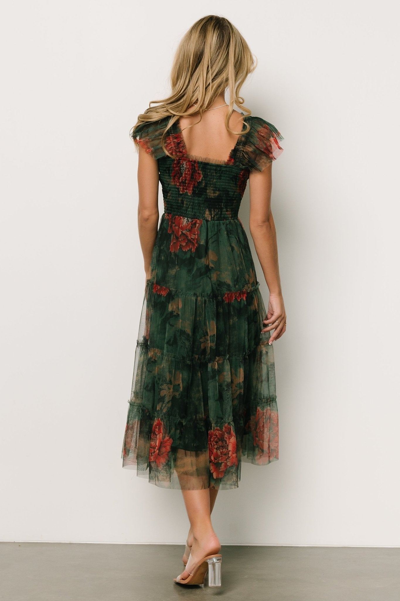 Clementine Tulle Midi Dress | Dark Green Floral