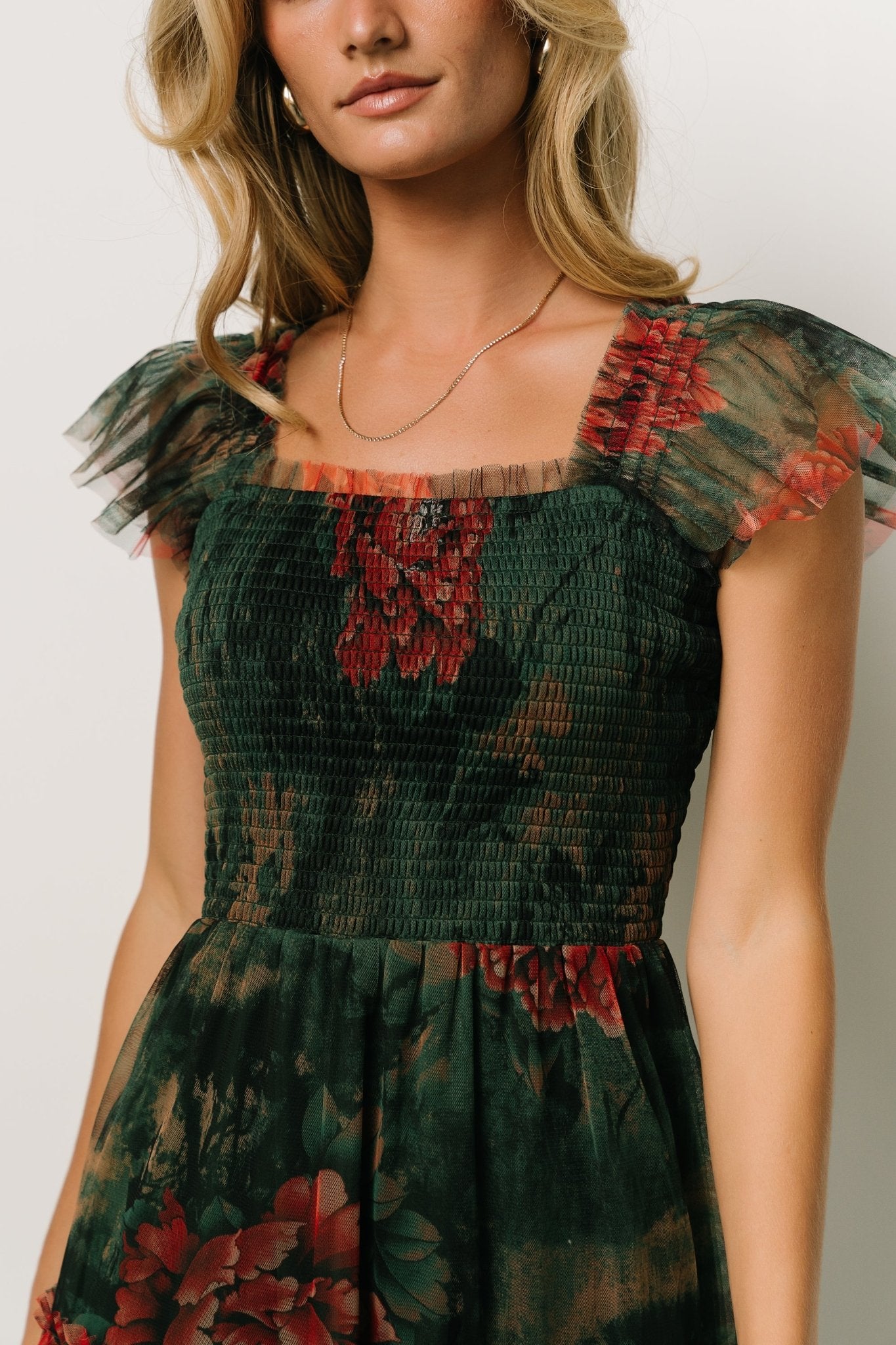 Clementine Tulle Midi Dress | Dark Green Floral