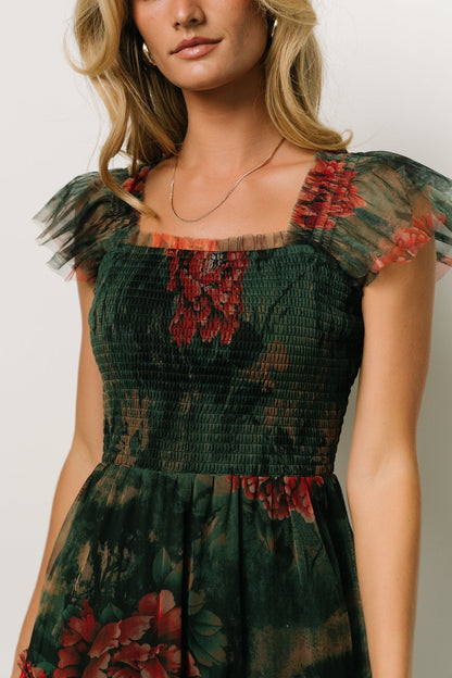 Clementine Tulle Midi Dress | Dark Green Floral