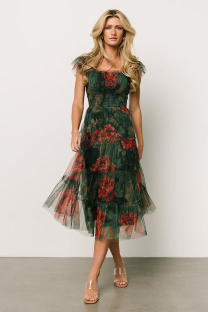 Clementine Tulle Midi Dress | Dark Green Floral