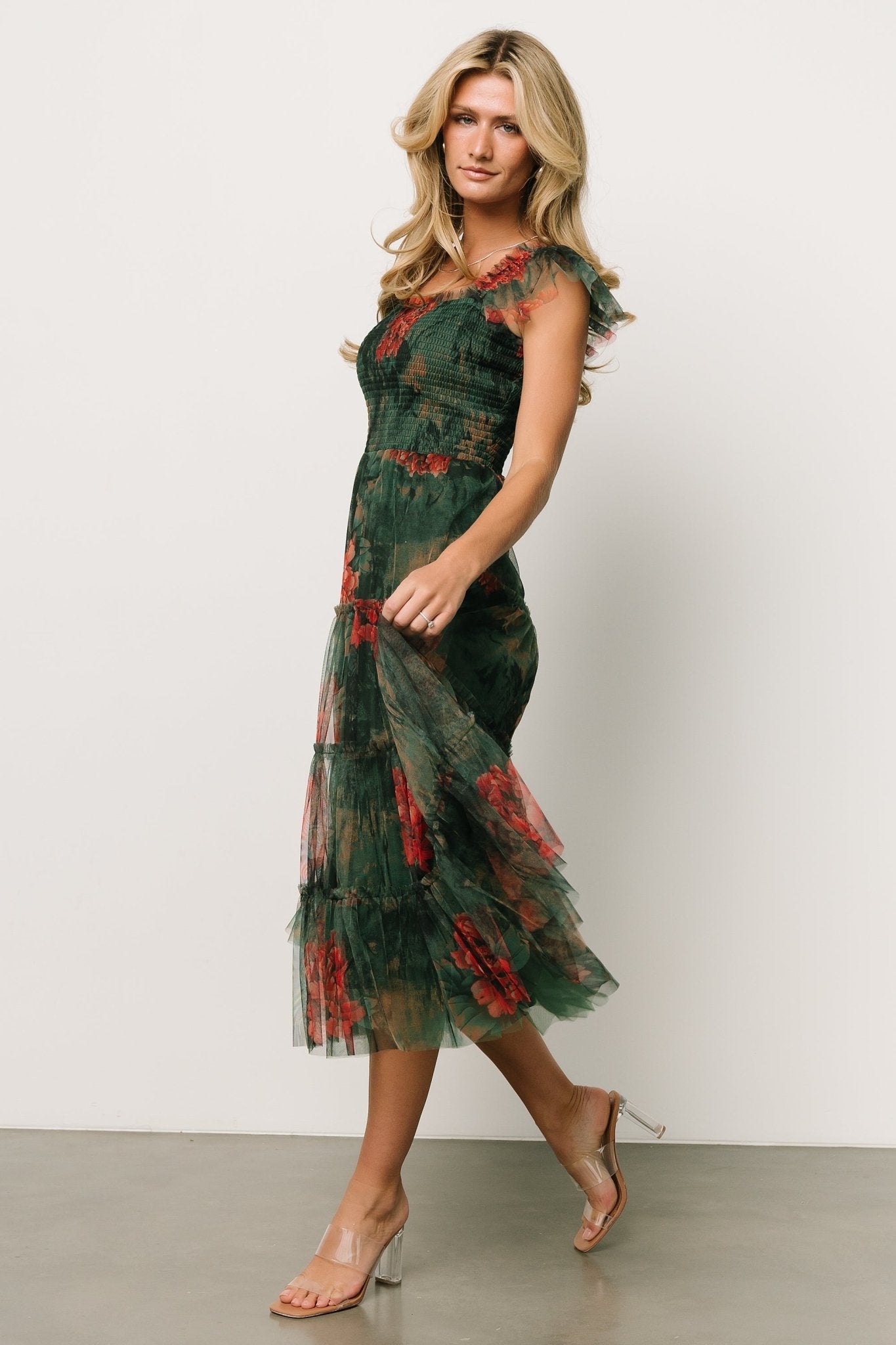 Clementine Tulle Midi Dress | Dark Green Floral