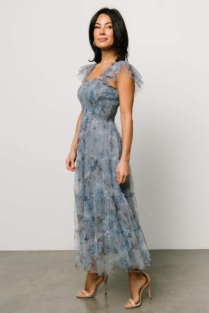 Clementine Tulle Midi Dress | Dusty Blue Floral