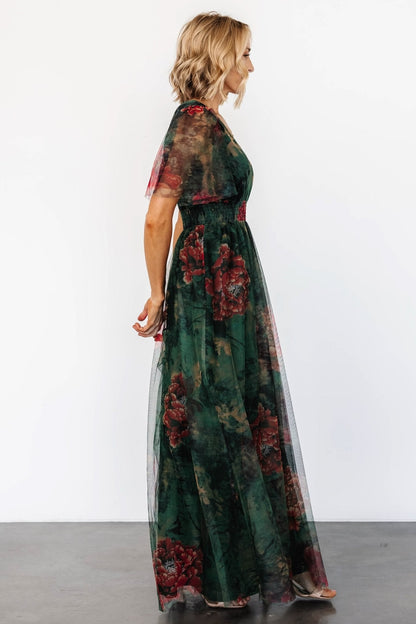 Cressida Tulle Maxi Dress | Dark Green + Red Floral