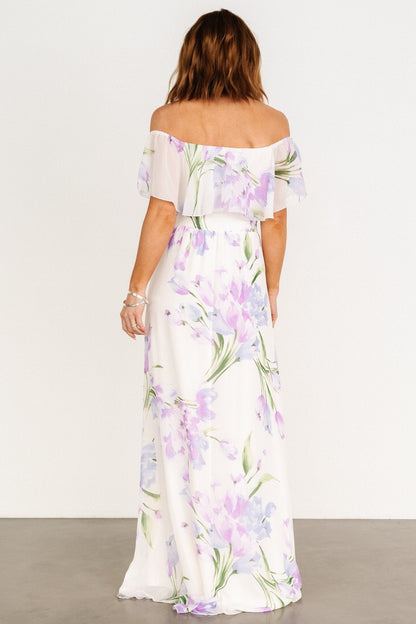 Daphne Off Shoulder Maxi Dress | Ivory + Lavender Floral