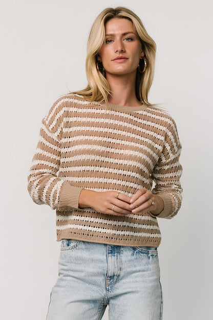 Dawn Open Knit Top | Taupe + Ivory