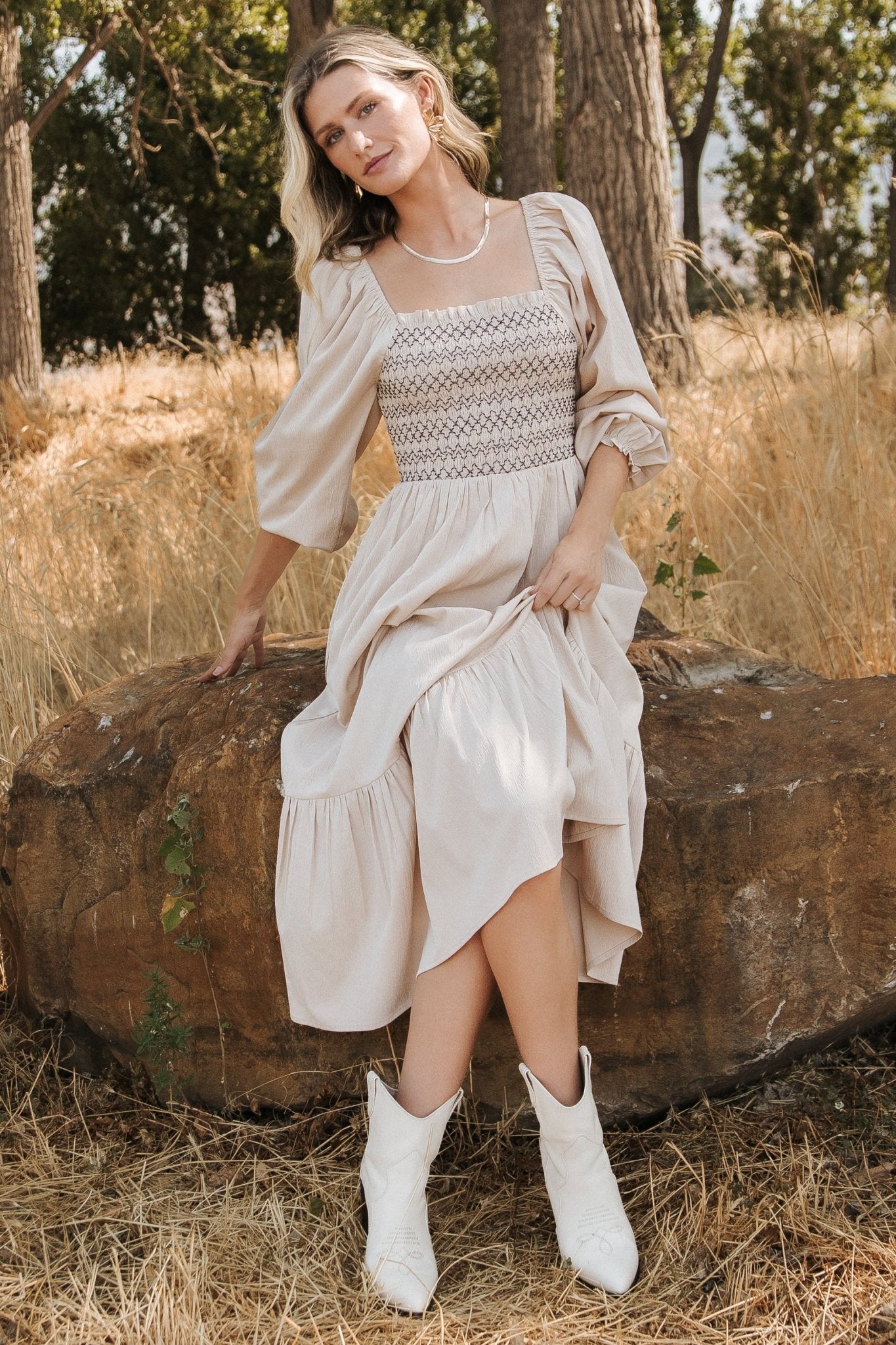 Emmeline Smocked Midi Dress | Natural