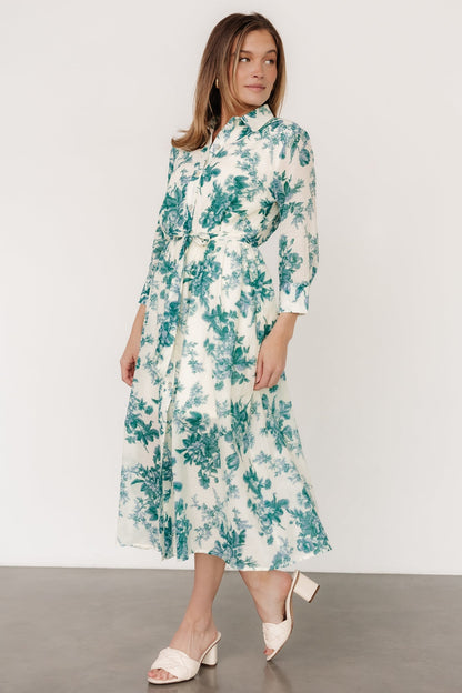 Eunice Button Midi Dress | Cream + Green Floral