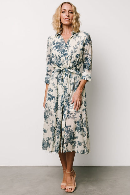 Eunice Button Midi Dress | Ivory + Blue Floral