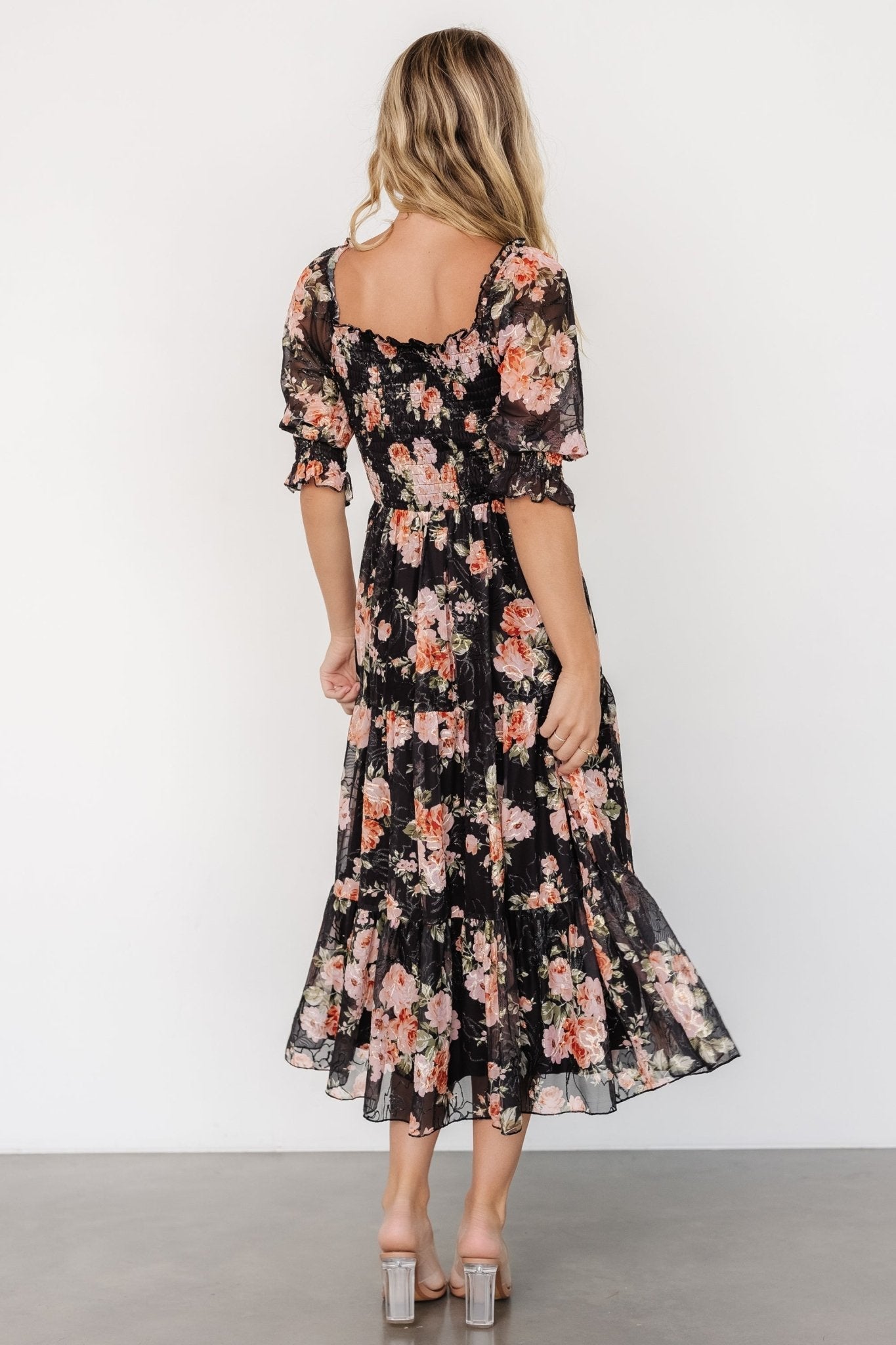 Fabian Jacquard Midi Dress | Peach + Black Floral