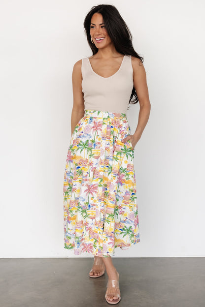 Gigi Button Midi Skirt | Off White + Multi Print