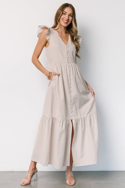 Hettie Button Maxi Dress | Beige Stripe