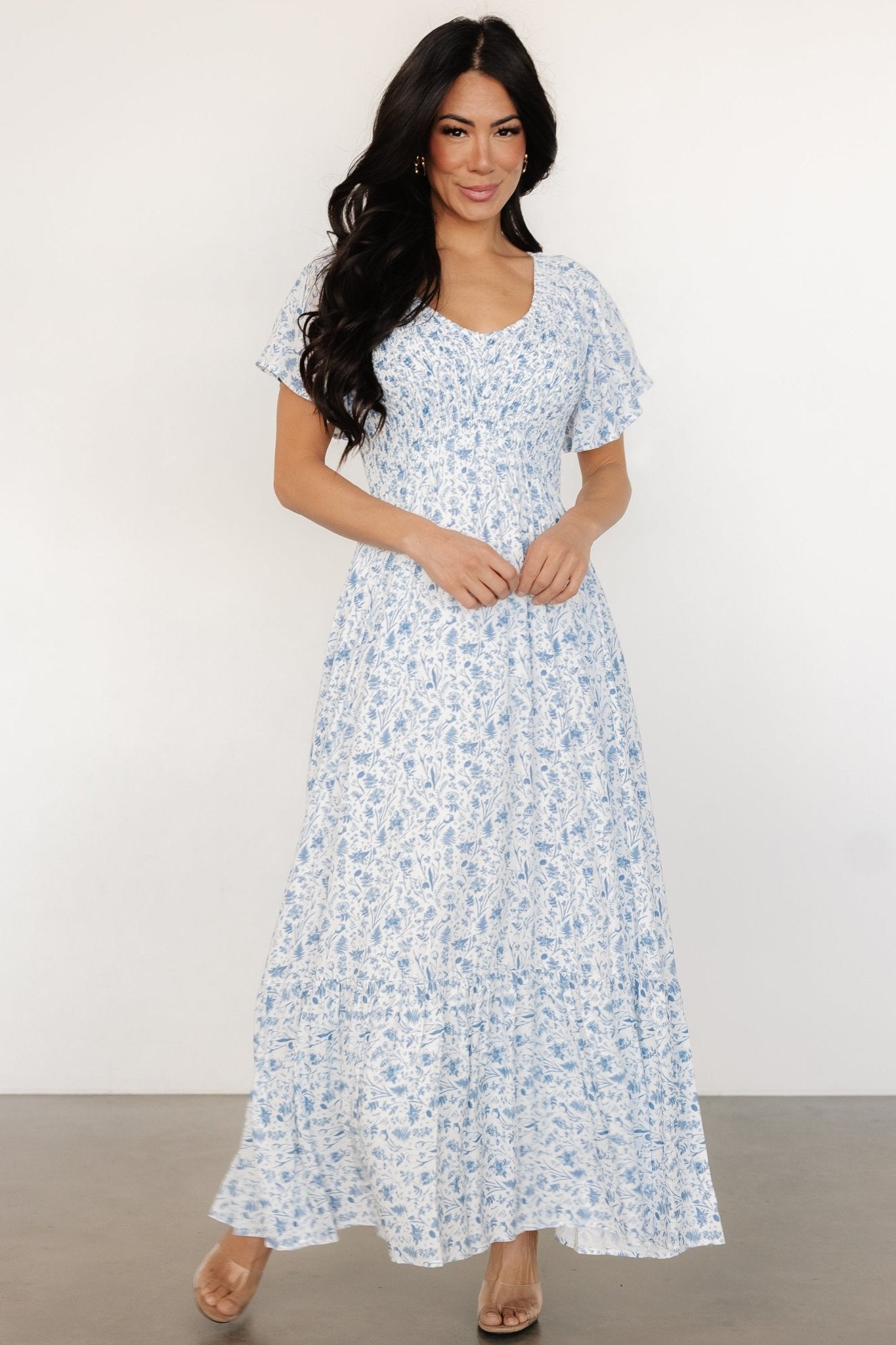 Joanie Smocked Dress | White + Blue Floral