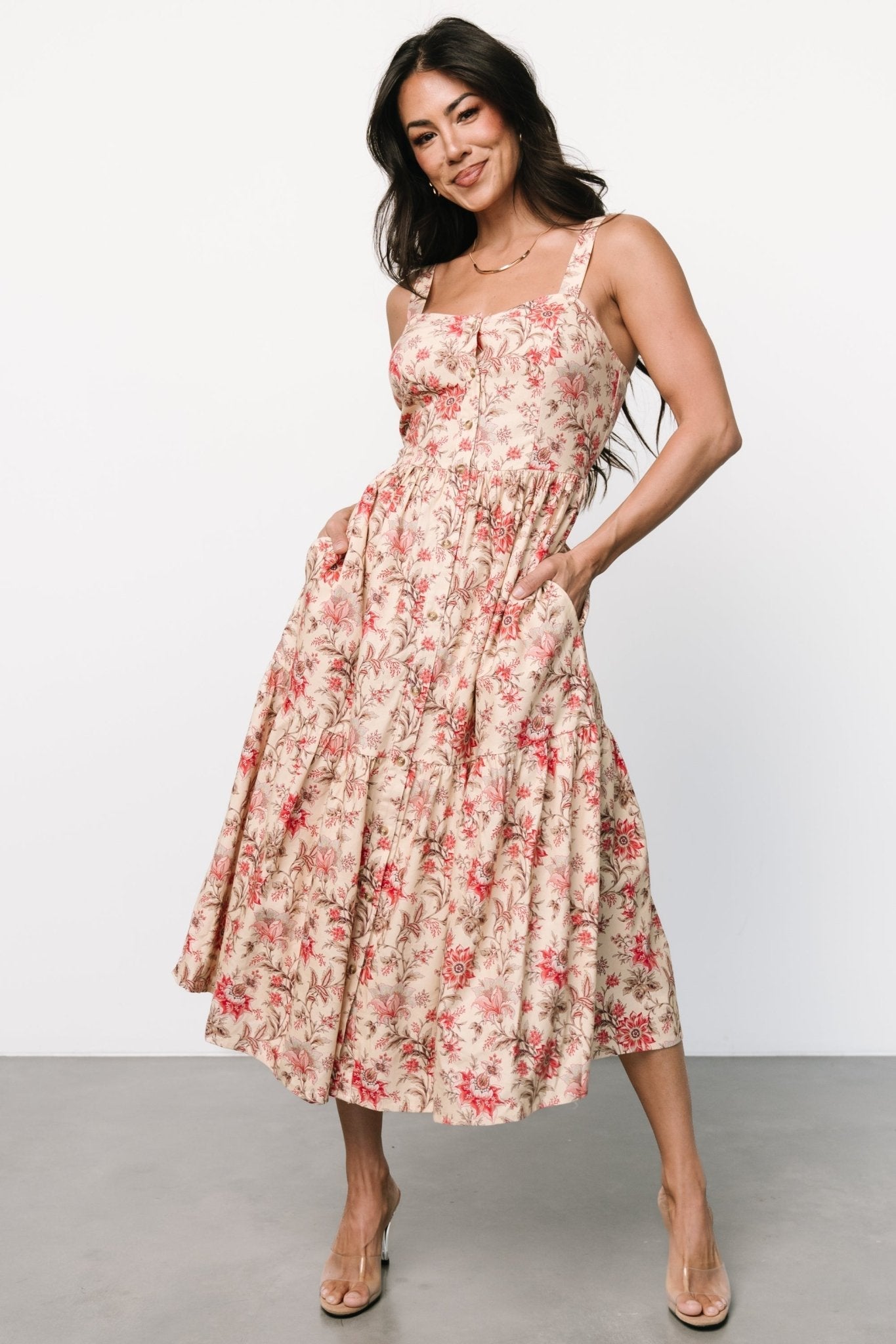 Jules Button Midi Dress | Cream + Pink