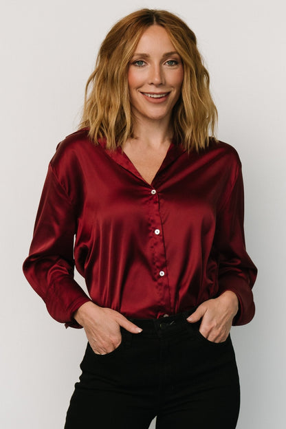 Kacey Satin Button Up Top | Burgundy