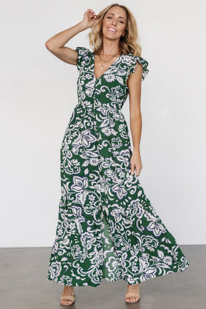 Kaia Button Maxi Dress | Green Print