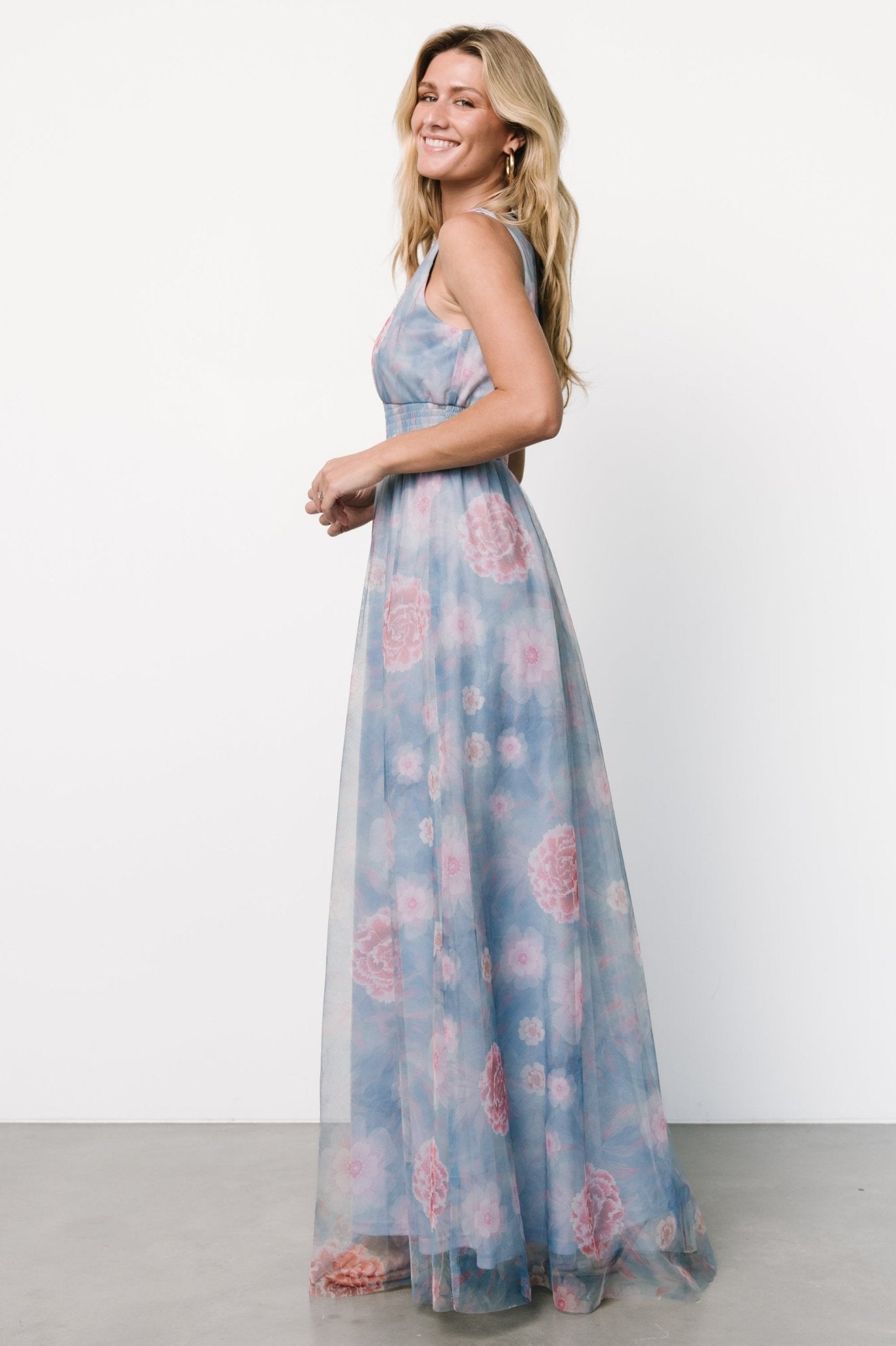 Kamila Tulle Maxi Dress | Light Blue + Pink Floral