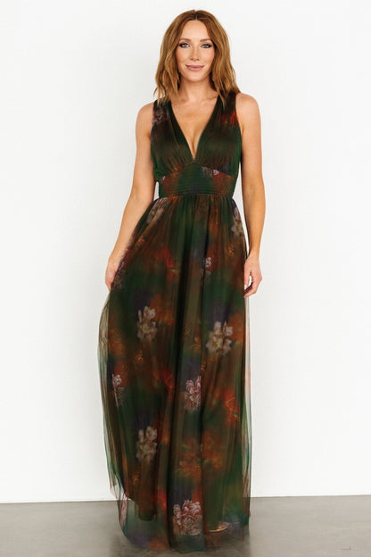 Kamila Tulle Maxi Dress | Olive Multi Floral