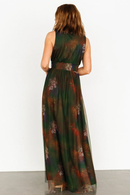 Kamila Tulle Maxi Dress | Olive Multi Floral