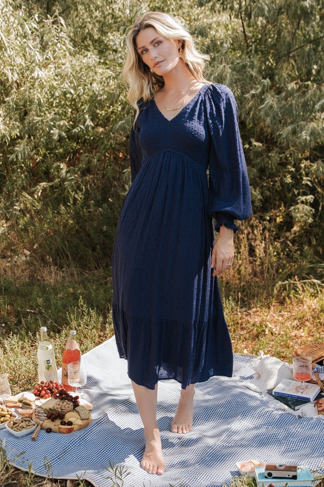 Lainey Smocked Dotted Midi Dress | Midnight Blue