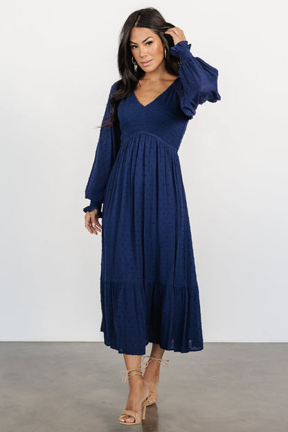 Lainey Smocked Dotted Midi Dress | Midnight Blue